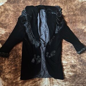 Unique Vintage Black Velvet Blazer with Lace Accents